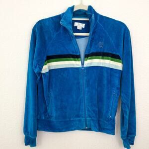 Fred Perry Womens Velour Track Jacket Size 8 Full Zip Tennis Stripe Retro Blue